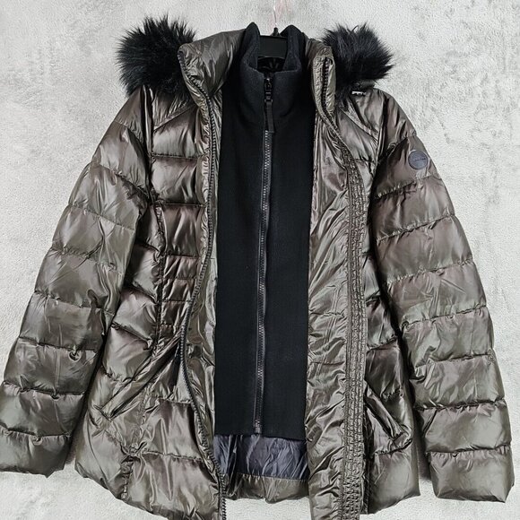Calvin Klein Duck Down Puffer Jacket Womens Size M Brown Faux Fur Trim Hood - Picture 6 of 10